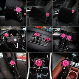 Seat Cushions Cute Plush Rose Flower Crystal Car Seat Interior Steering Wheel Cover Headrest Gear Shifter Cover Hand Brake Cover Accessories T240606