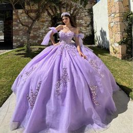 Lavender Shiny vestidos de 15 Anos Quinceanera платье 2024 Апплфинаты кружевные бусинки Tull Princess Ball Gowns сладкие 16 платья 0606