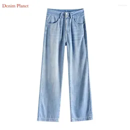 Women's Jeans Denim Planet Sky Silk Summer Thin Drop Small Straight Leg Lyocell Light Blue Ice Narrow Wide Pants