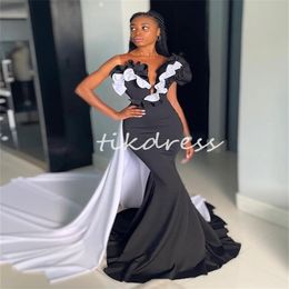Black With White Prom Dresses With Detachable Train Black Girls Mermaid Evening Dress Ruffles Ceremony Second Party Dress 2024 Satin Special Occasion Gowns Custom
