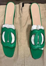 Luxury design SUMMER SHOES women flats slipper slide Interlocking CutOut Slide Sandal Shamrock green black white leather with box3079024