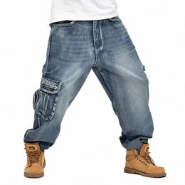 hip Hop Mens Baggy Jeans Blue Multi Pockets Cargo Jeans Male Loose Skateboard Denim Pants 30-46 Big Size b7yp#