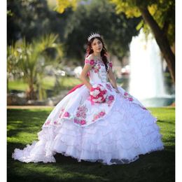 White Princess Mexican Charro Quinceanera Dresses Off Shoulder Floral Applique Ruffles Corset Vestidos De Xv Anos Sweet 16 Prom 0606