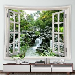 Tapestries Outside Window Garden Waterfall Tapestry Green Plants Chinese Style Natural Landscape Home Dorm Wall Hanging Decor