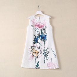2024 Summer White Floral Print Beaded Jacquard Dress Sleeveless Round Neck Sequins Short Casual Dresses S4L051321 Plus Size XXL