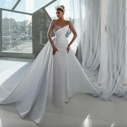 Modern Crystals Beaded Satin Wedding Dress With Detachable Train Long Sleeves Chapel Bridal Gowns Pleats White Garden Bride Dresses Spring Vestido De Novia