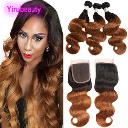 Body Wave 1B/30 TwoTones Color 3 Bundles With 4X4 Lace Closure Brazilian 100% Human Hair Extensions Free Part 10-30inch