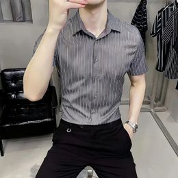Men's Casual Shirts Summer Thin Fashion Korean High-end Business Short Sleeved Shirt Printed Stripes Lapel Buttons Ventilate Ice Silk Top