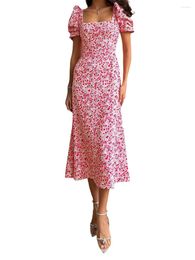 Casual Dresses Summer Floral Print Midi Dress For Women Short Sleeve A-Line Elegant Flowy Beach Partywear