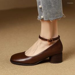 Dress Shoes Autumn Women Pumps Natural Leather 22-25cm Washed Cowhide Pigskin Full Ankle Buckle Retro Brush Color Mary Jane