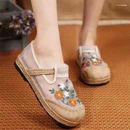 Casual Shoes Ladies Linen Vintage Boho Flat Comfort Loafers Fashion Embroidered Straw Mesh Colorblock Sneakers