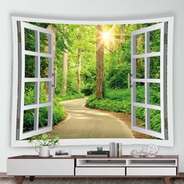 Tapestries Outside The Window Spring Forest Tapestry Road Green Plants Trees Home Dorm Landscape Wall Hanging Picnic Mat Blanket