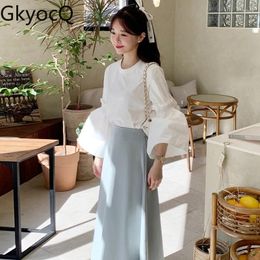 Work Dresses GkyocQ Fashion Casual White Tshirt O Neck Flare Sleeve Tops High Waist A Line Elegant Slim Skirt Woman Autumn Female Suit