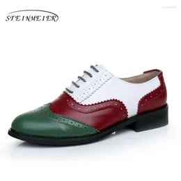 Casual Shoes Genuine Cow Leather Brogue Designer Vintage Lady Flats Handmade Oxford For Women Green Red White 2024 Spring