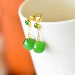 Dangle Earrings Original Design Silver Inlaid Spinach Green Hetian Jasper Round Beads Women's Simple Chinese Fresh Jewellery