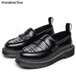 Dress Shoes White Graffiti Tassel Loafers Genuine Leather Shallow Slip-On Comfortable Round Toe Casual Women's