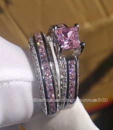 WholeWhole Fashion Jewellery 10kt White Gold Filled Princess Cut Pink Sapphire Gemstones Women Wedding Bridal couple Ring S8679194