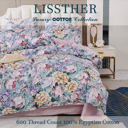 Bedding Sets 3pcs 600 TC Egyptian Cotton Duvet Cover Set (Without Core) Pastel Pink And Blue Dreamy Garden Floral Soft & Skin-friendly