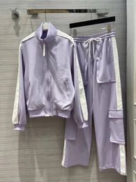 Women's Two Piece Pants Fashion Sweet Light Purple Colour Patchwork Lapel Long Sleeve Casual Loose Jacket Women Streetwear 2 Pieces Set