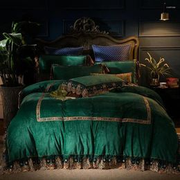 Bedding Sets 33 European Green Grey Flannel Winter Thick Set Lace Fleece Fabric Duvet Cover Bed Sheet Linen Pillowcases 4pcs