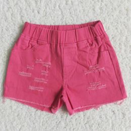 Clothing Sets RTS Wholesale Baby Girls Shorts Denim Fashion Pocket Button Adjustable Waistband Summer Spring Pink Pant Jeans