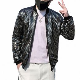 men Sequin Coat Men Coat with Flexible Cuffs Sequined Stand Collar Men's Baseball Uniform Style Jacket for Club Stage for Night L6ON#