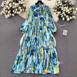Small and high-end feeling halo dyed printed dress for women lazy casual loose and slimming A-line large hem shirt skirt