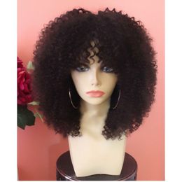 Stock fast shipping short Afro Kinky Curly synthetic Lace Front wig For africa Women Brazilian Lace Frontal Wig with bangs Pbmho