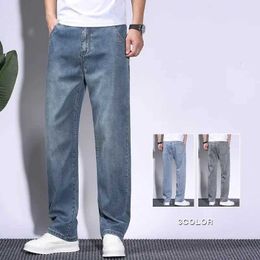Men's Jeans Summer Soft Lyocell Fabric Mens Jeans Thin Loose Straight Pants Drawstring Elastic Waist Korea Casual Trousers Plus Size 28-42 Y240603DG06