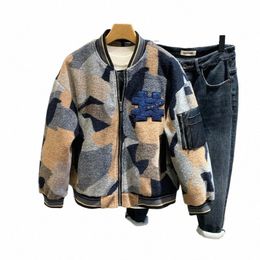 2024 Winter Hip Hop Baseball Uniform Parkas Fi Design Sense Printed Baseball Neck Top Men's Trendy Loose Warm Bread Jacket c7eX#