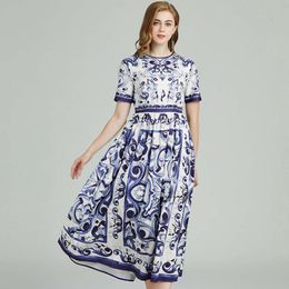 Two Piece Dress 493 Summer and Autumn New Womens Blue and White Porcelain Printed Large Swing Long Dress with Round Neck Short Sleeve A-line Skirt