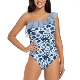 Women's Swimwear Cephalopods : Grunge One-Piece Swimsuit One Shoulder Ruffle Sexy Monokini Girl Beach Pattern