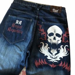gothic Y2K Jeans Men Skull Retro Printed Embroidery Pattern Streetwear Baggy Denim Pants Punk Hip Hop Harajuku Straight Jeans 42l1#