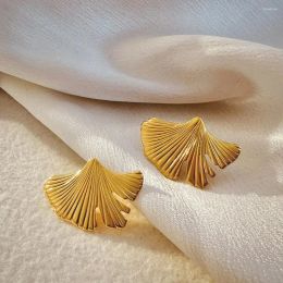 Huggie Hoop Earrings Unique Vertical Grain Ginkgo Leaf Stud Vingate Gold Plated Metal Necklace Waterproof Stainless Steel Jewelry Bijoux