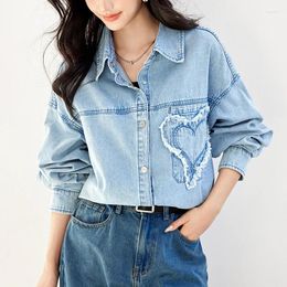 Women's Blouses QOERLIN Vintage Love Pattern Jeans Shirts Casual Loose Long Sleeve Button Up Denim Blouse Female Girls Light Blue Tops
