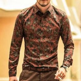 Men's Dress Shirts Men Shirt Vintage Floral Print Turn-down Collar Long Sleeves Top Slim Fit Button Closure Soft Breathable Male