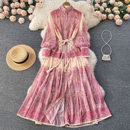 2024 early spring new design sense niche stand collar lantern sleeve printed dress loose and slim flowing long skirt