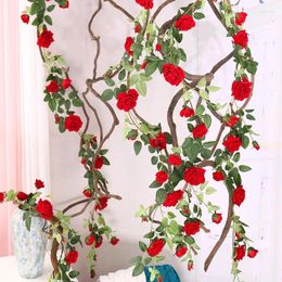 Decorative Flowers 175cm Roses Artificial Flannel High Quality Wall Hanging Vine Silk Plants Rattan Garland Wedding Home Party Garden Decor