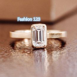 Bezel Set Emerald Cut Moissanite Ring Hot Sale Product Simple Design Engagement Ring Diamonds Yellow Gold Rings