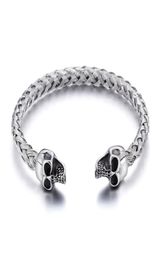 Silver Stainless Steel Cuff bangle Biker double skull head End Open Bracelet knot Wire chain7792438