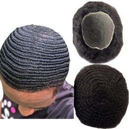 Indian Virgin Human Hair Replacement 6mm Wave Root Afro Toupee Color #1 8x10 Full Lace Unit for Black Men