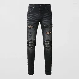 Men's Jeans Latest Street Fashion Vintage Elastic Slim Fit Split Washed Black Designer Hip Hop Brand Patch Pants Hom