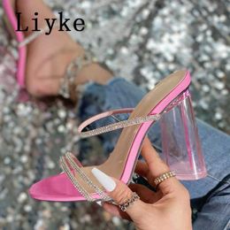 Sandals Liyke 2024 New Pink High Heels Women Slippers Fashion Crystal Rhinestone Open Toe Shoes Summer Sandals Female Mules Slides Pumps T240606