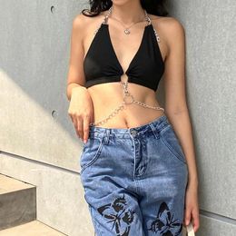 Women's Tanks 2024 Black Sexy Backless Halter Tops Women Deep V Neck Crop Top Tees With Chains Ladies Summer Sleeveless Camisole Y2K