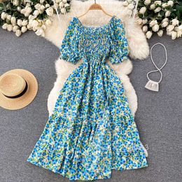 Korean version of Chic Fairy Sweet Slim Fit Square Neck Bubble Sleeve Fragmented Flower Dress Super Immortal Style A-line Dress