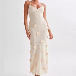 3D Flower Knitted Sling Long Dress Women Sexy Deep Vneck Backless Sleeveless Lace Up Femme Robes Summer Beach Dresses 240603