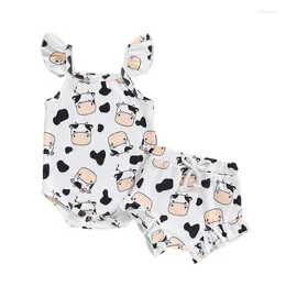 Clothing Sets Toddler Baby Girls Summer 2PCS Shorts Flying Sleeve Romper Top Elastic Waist Infant Cow Print Outfits