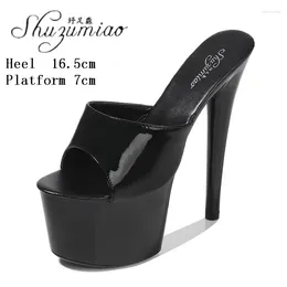 Slippers Model Sexy 17 CM Super High Heel Slides Catwalk Nightclub Thin Peep Toe Large Size Women's Shoes Patent Leather