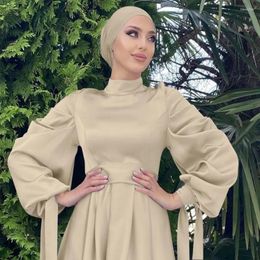 Ethnic Clothing Muslim Fashion Women Islamic Satin Dress Hijab Arabic Pleated Abaya Dubai Balloon Sleeve With Ribbon Eid Mubarak Turkish