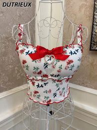 Women's Tanks Lolita Girl Red Flowers Bow Love Wooden Ear Vest Camisole Women Female Sexy Cropped Top Padded Strap Y2k Style Clothes